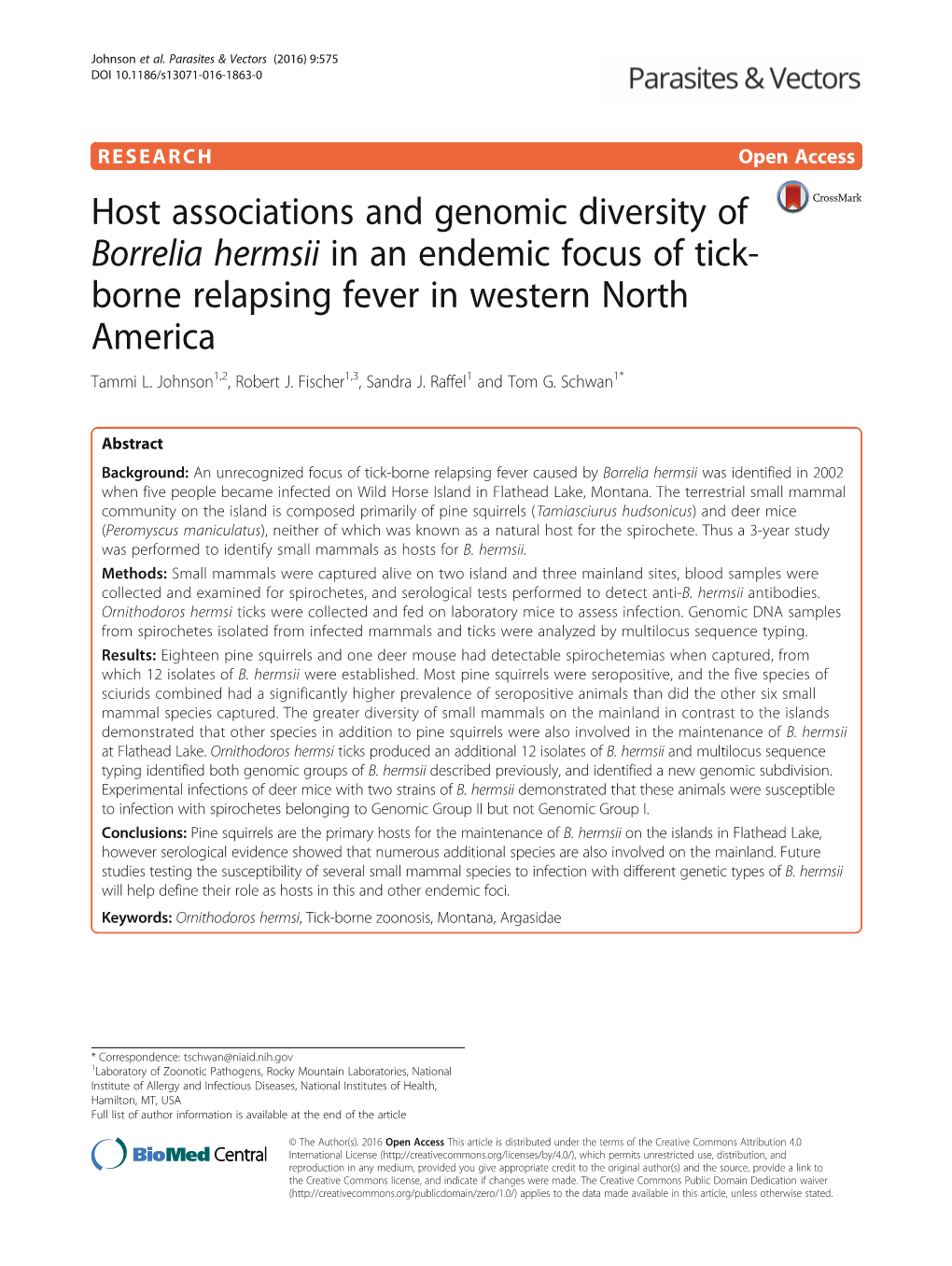 Host Associations and Genomic Diversity of Borrelia Hermsii in an Endemic Focus of Tick-Borne Relapsing Fever in Western North A