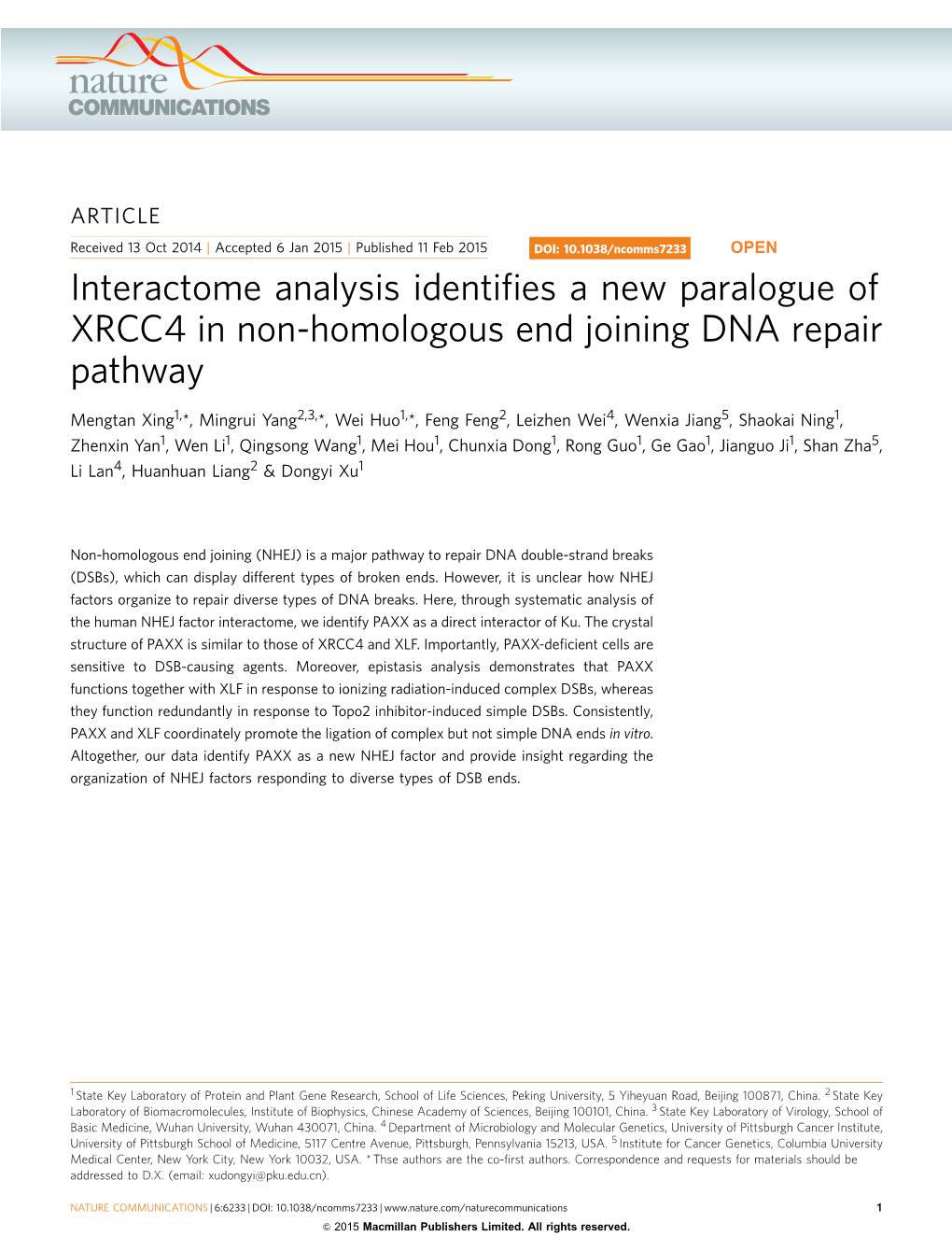 Interactome Analysis Identifies a New Paralogue of XRCC4 In