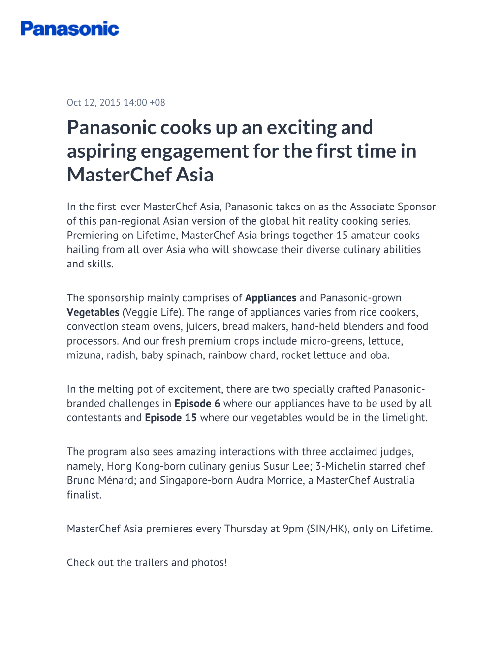 Panasonic Cooks up an Exciting and Aspiring Engagement for the First Time in Masterchef Asia