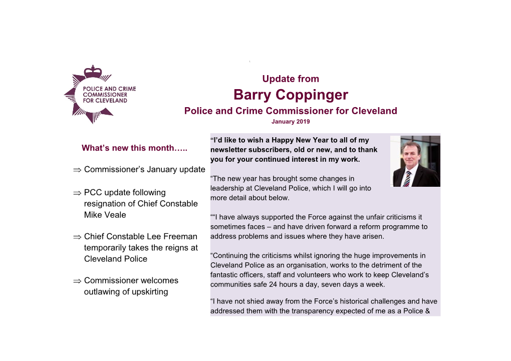 Barry Coppinger Police and Crime Commissioner for Cleveland January 2019