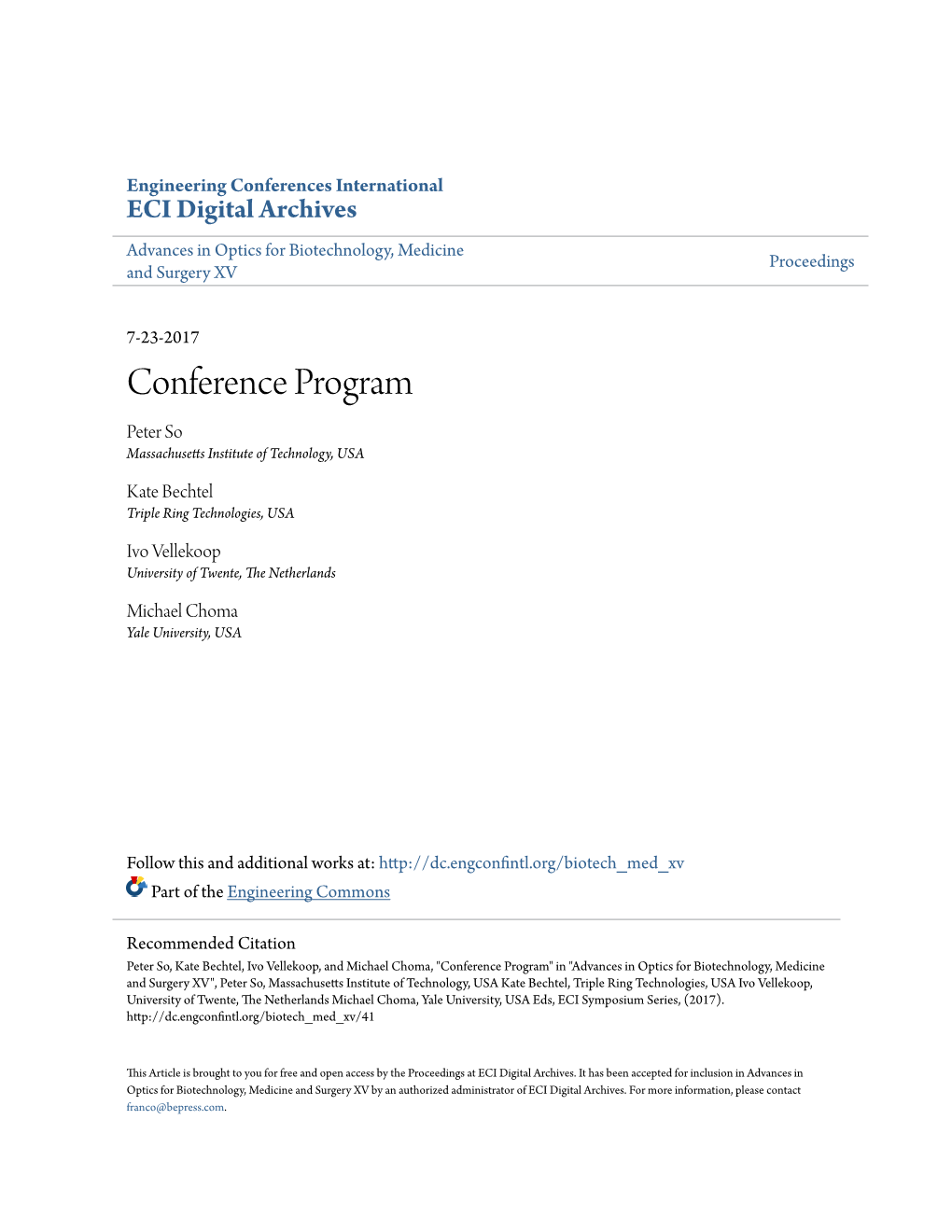 Conference Program Peter So Massachusetts Ni Stitute of Technology, USA