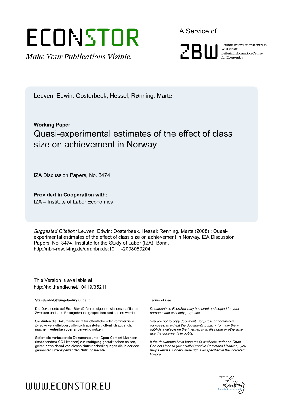 Quasi-Experimental Estimates of the Effect of Class Size on Achievement in Norway