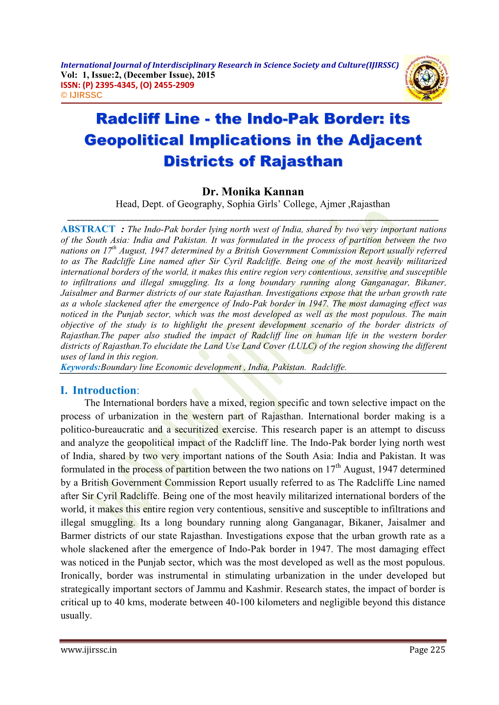 The Indo-Pak Border: Its Geopolitical Implications in the Adjacent Districts of Rajasthan