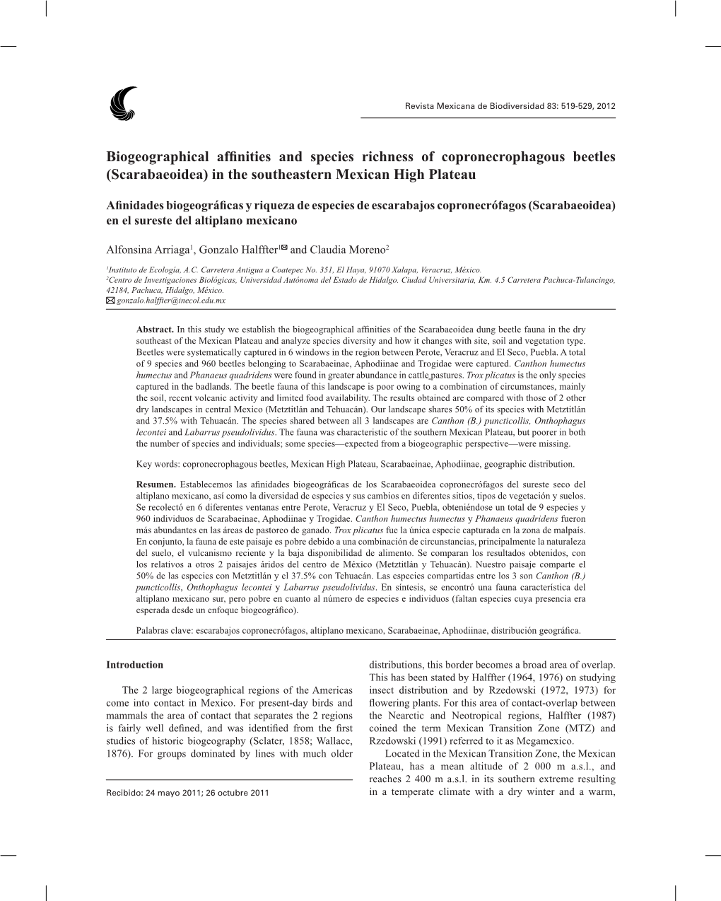 Biogeographical Affinities and Species Richness of Copronecrophagous Beetles (Scarabaeoidea) in the Southeastern Mexican High Plateau