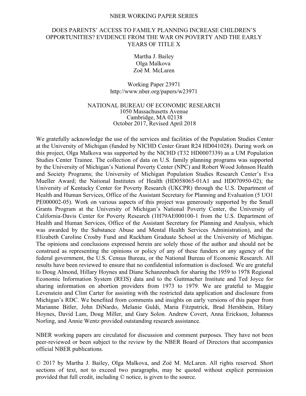 Does Parents' Access to Family Planning Increase Children's Opportunities? Evidence from the War on Poverty and the Early Years of Title X