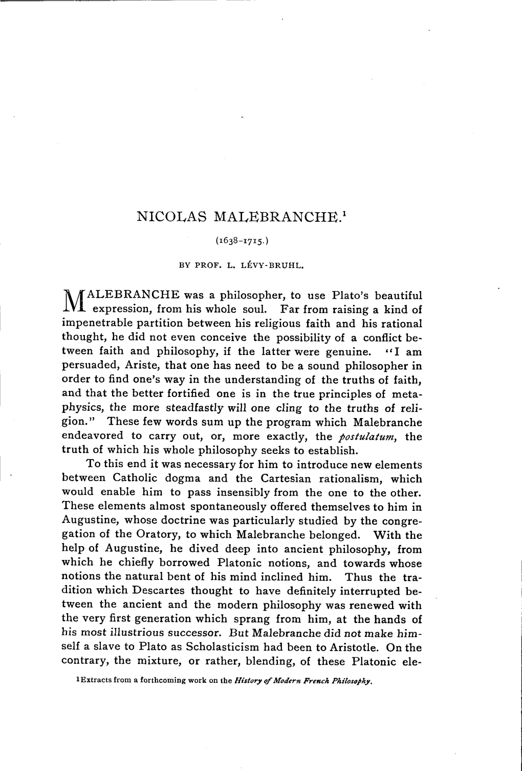 Nicolas Malebranche. a Sketch in the History of Philosophy