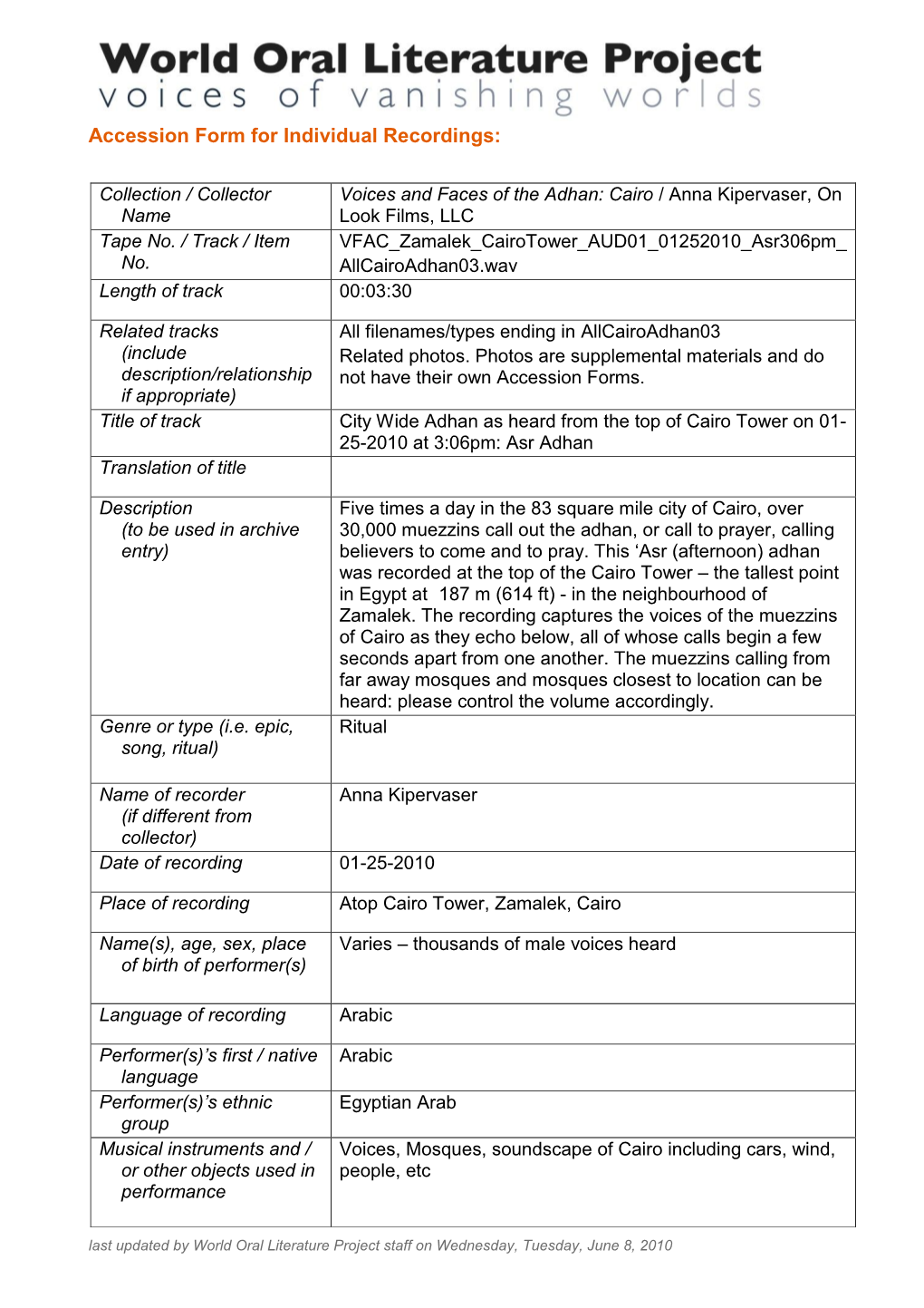 Voices and Faces of the Adhan: Cairo Collection Accession Form in PDF Format