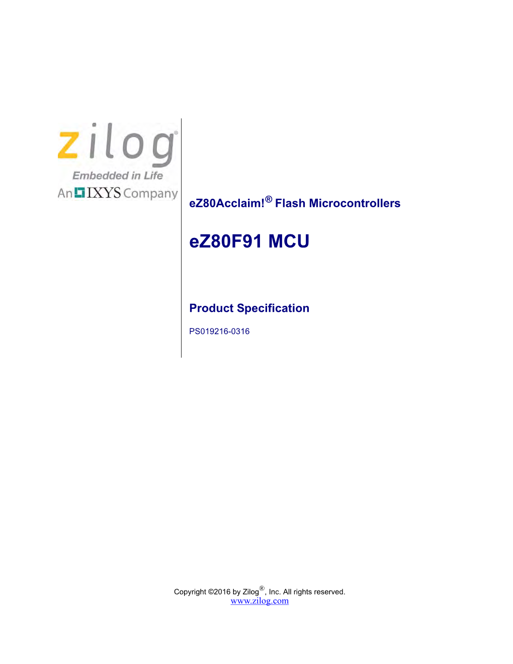 Ez80f91 MCU Product Specification