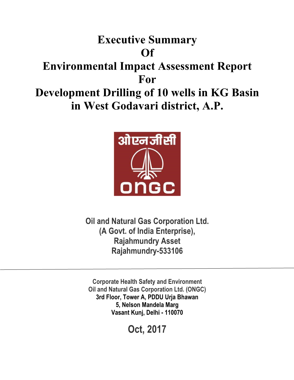 Executive Summary of EIA Report for Development Drilling of 10 Wells in KG Basin in West Godavari District, AP