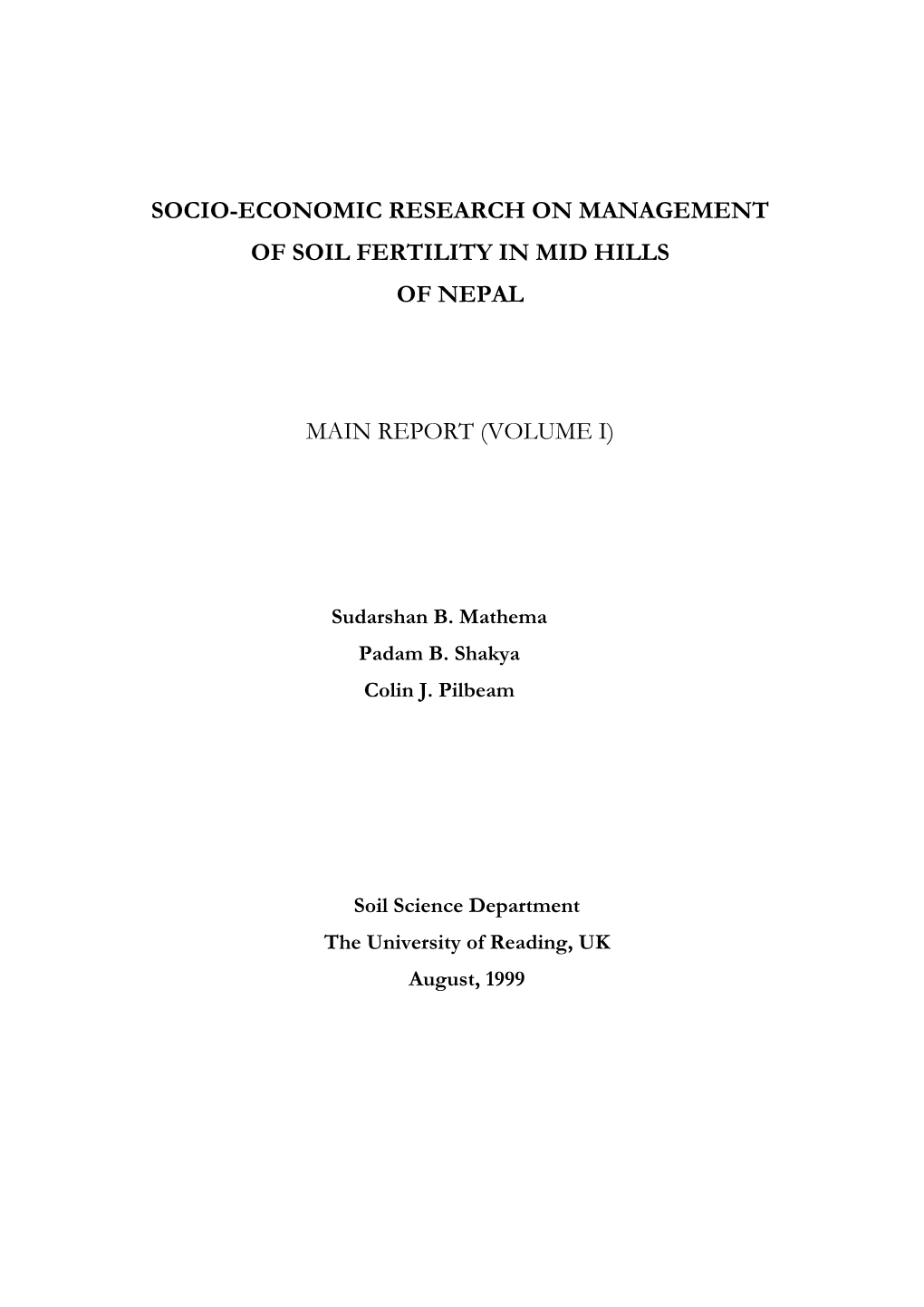 Socio-Economic Research on Management of Soil Fertility in Mid Hills of Nepal