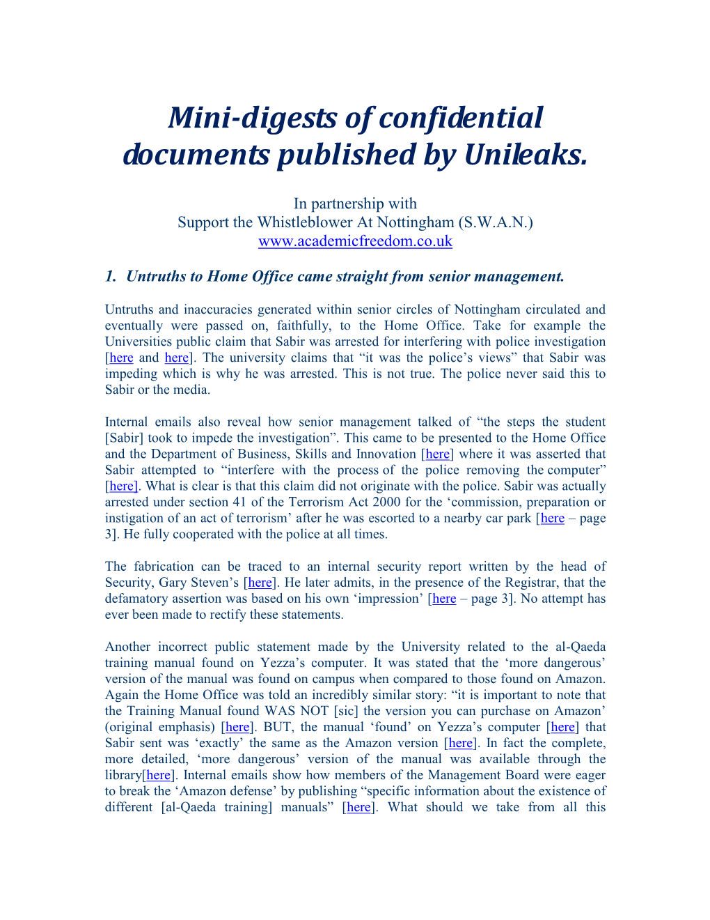Mini-Digests of Confidential Documents Published by Unileaks