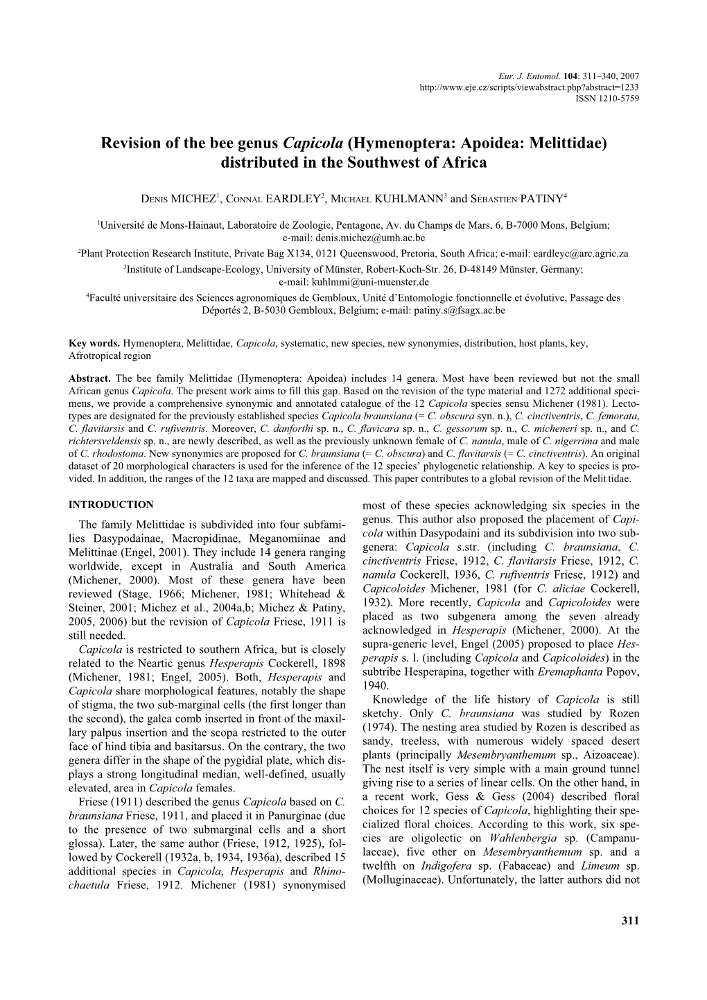 Revision of the Bee Genus Capicola (Hymenoptera: Apoidea: Melittidae) Distributed in the Southwest of Africa