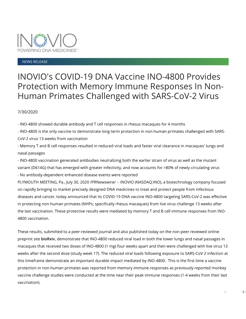 INOVIO's COVID-19 DNA Vaccine INO-4800 Provides Protection with Memory Immune Responses in Non- Human Primates Challenged with SARS-Cov-2 Virus