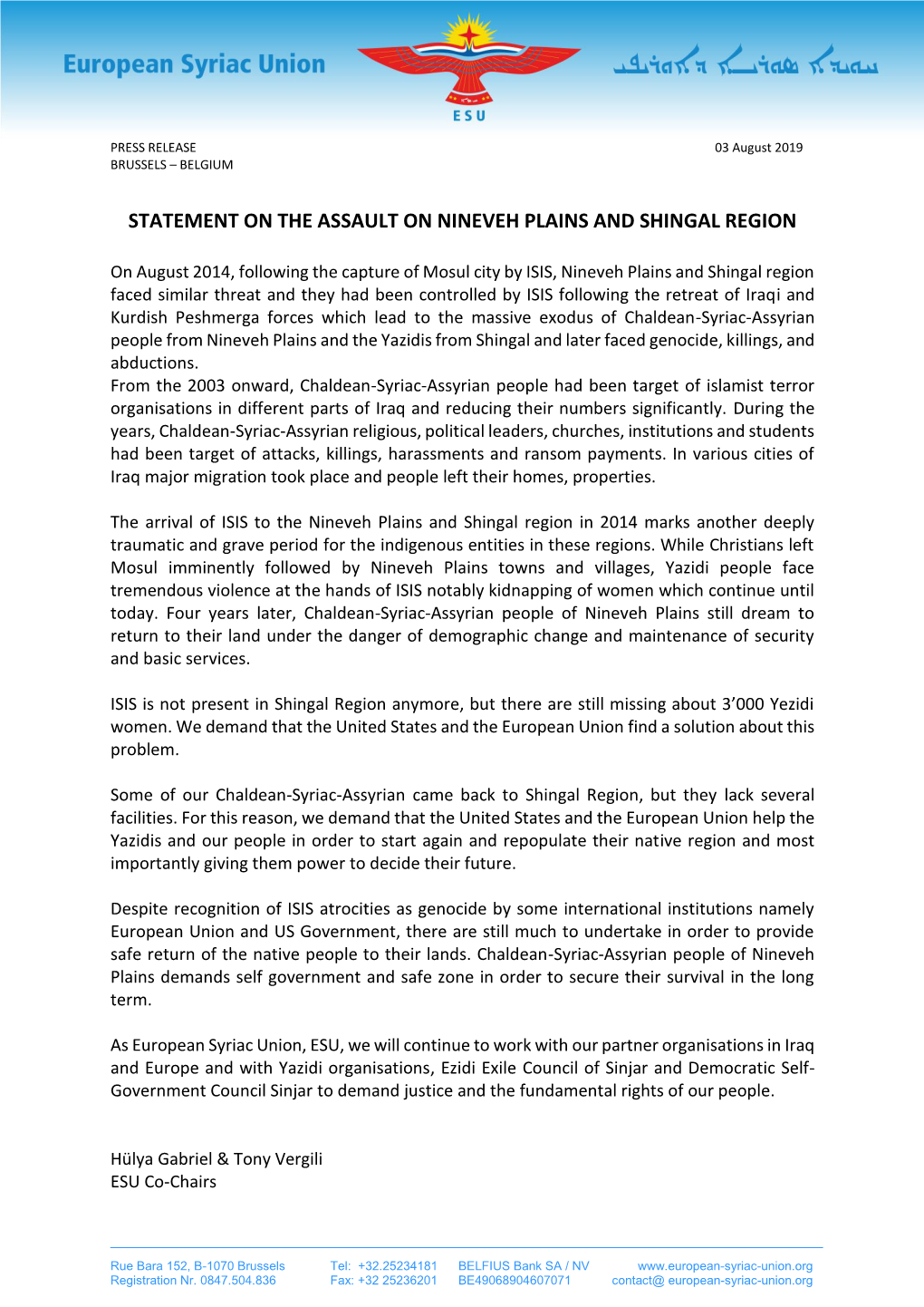 Statement on the Assault on Nineveh Plains and Shingal Region
