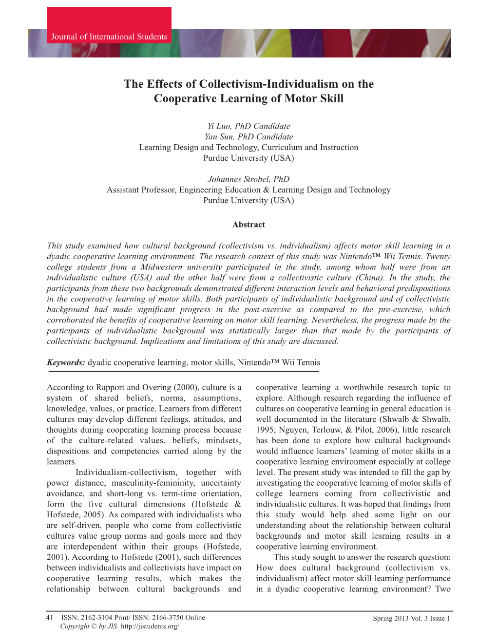 The Effects of Collectivism-Individualism on the Cooperative Learning of Motor Skill