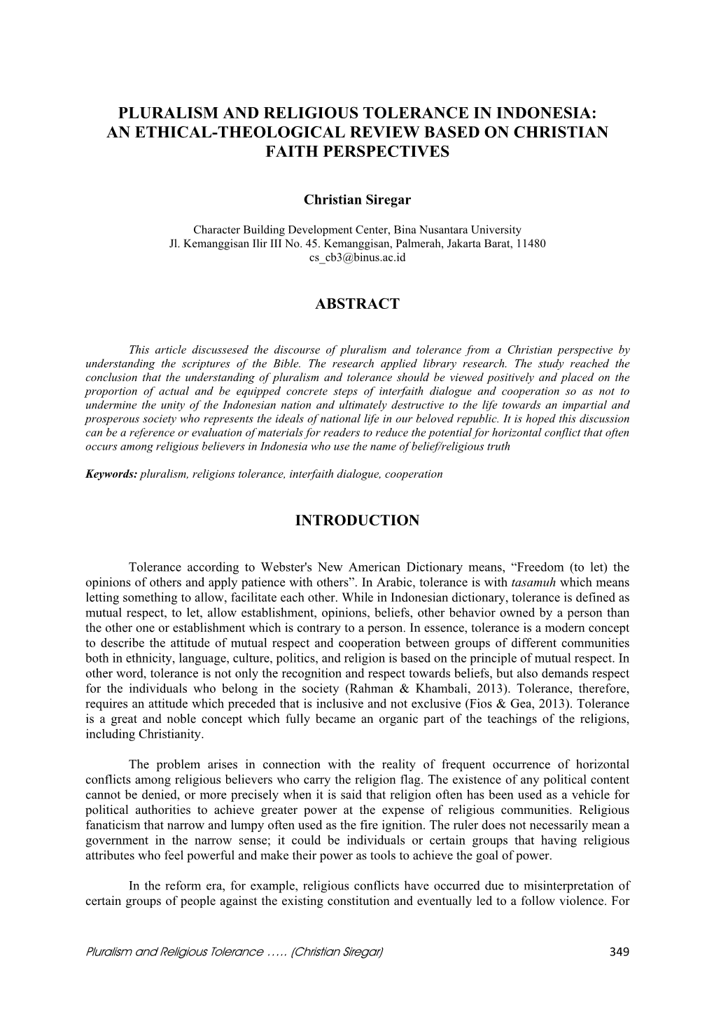 Pluralism and Religious Tolerance in Indonesia: an Ethical-Theological Review Based on Christian Faith Perspectives