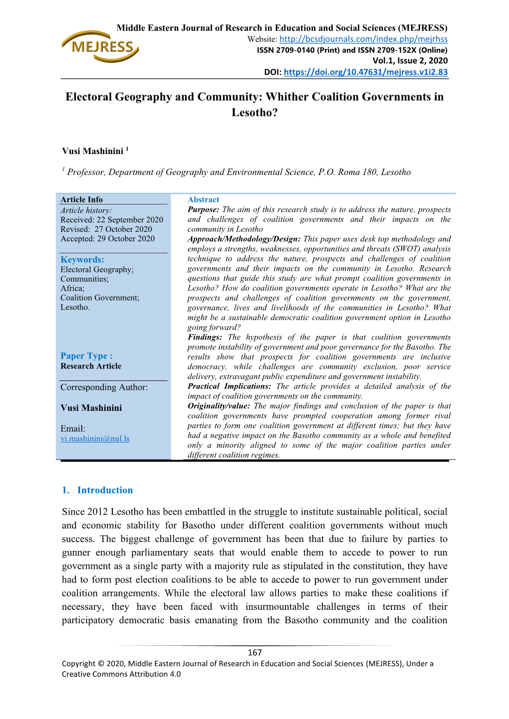 Electoral Geography and Community: Whither Coalition Governments in Lesotho?