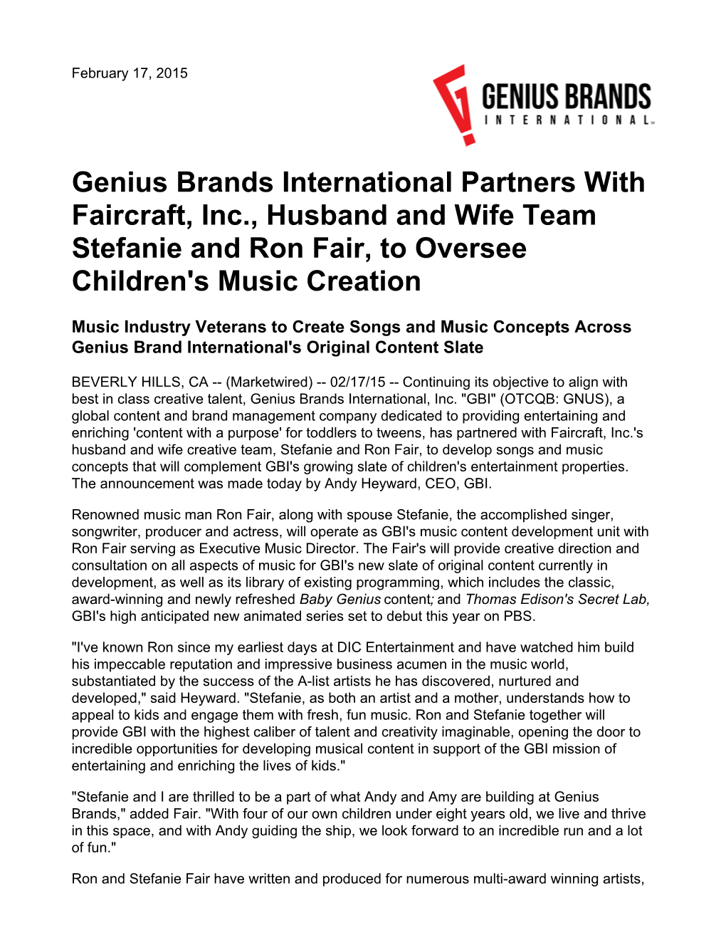 Genius Brands International Partners with Faircraft, Inc., Husband and Wife Team Stefanie and Ron Fair, to Oversee Children's Music Creation