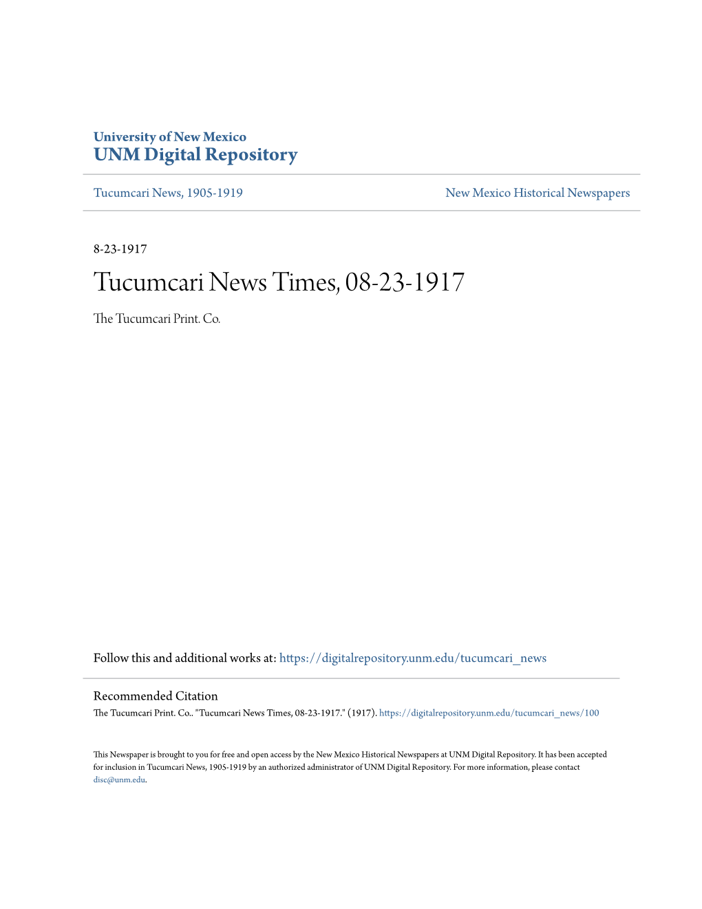 Tucumcari News Times, 08-23-1917 the Uct Umcari Print