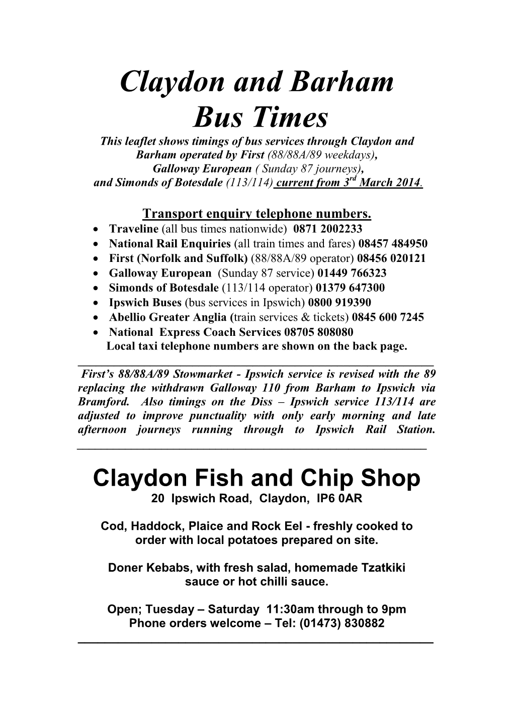 Claydon and Barham Bus Times