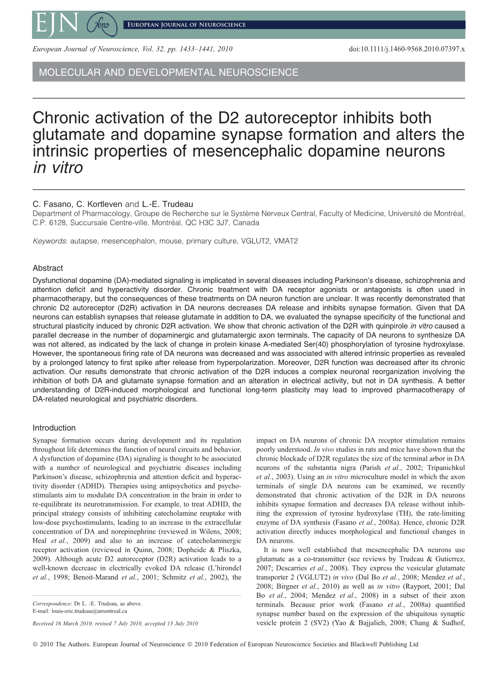 Chronic Activation of the D2 Autoreceptor Inhibits Both Glutamate