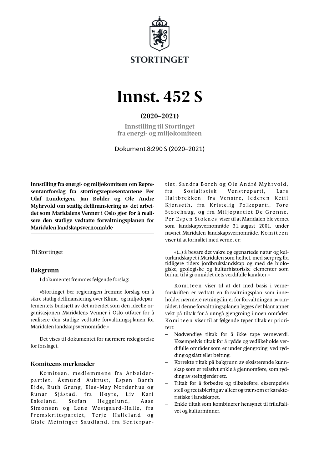 Innst. 452 S (2020–2021) Innstilling Til Stortinget Fra Energi- Og Miljøkomiteen