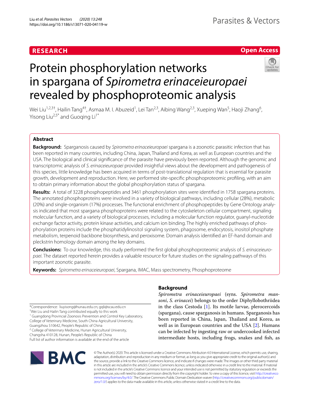 Protein Phosphorylation Networks in Spargana of Spirometra Erinaceieuropaei Revealed by Phosphoproteomic Analysis Wei Liu1,2,3†, Hailin Tang4†, Asmaa M