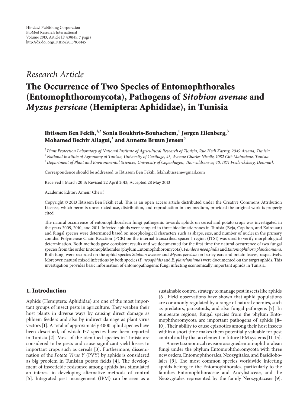 The Occurrence of Two Species of Entomophthorales (Entomophthoromycota), Pathogens of Sitobion Avenae and Myzus Persicae (Hemiptera: Aphididae), in Tunisia