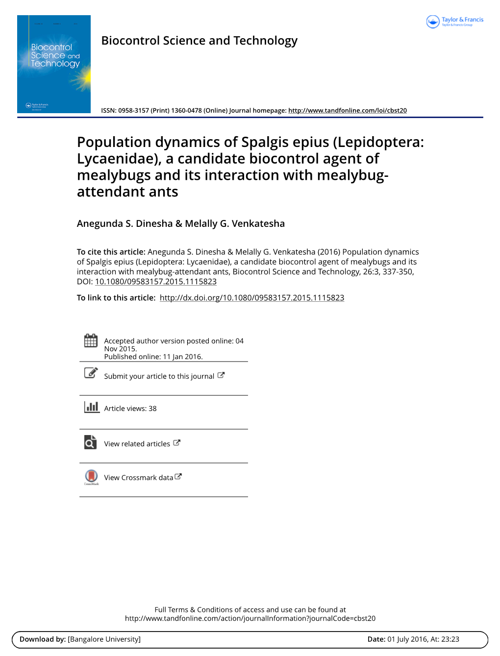 Population Dynamics of Spalgis Epius (Lepidoptera: Lycaenidae), a Candidate Biocontrol Agent of Mealybugs and Its Interaction with Mealybug- Attendant Ants