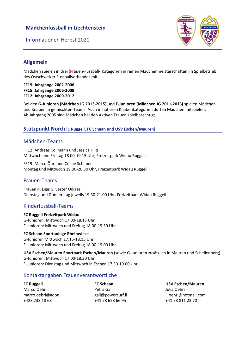 Mädchenfussball in Liechtenstein Informationen Herbst 2020