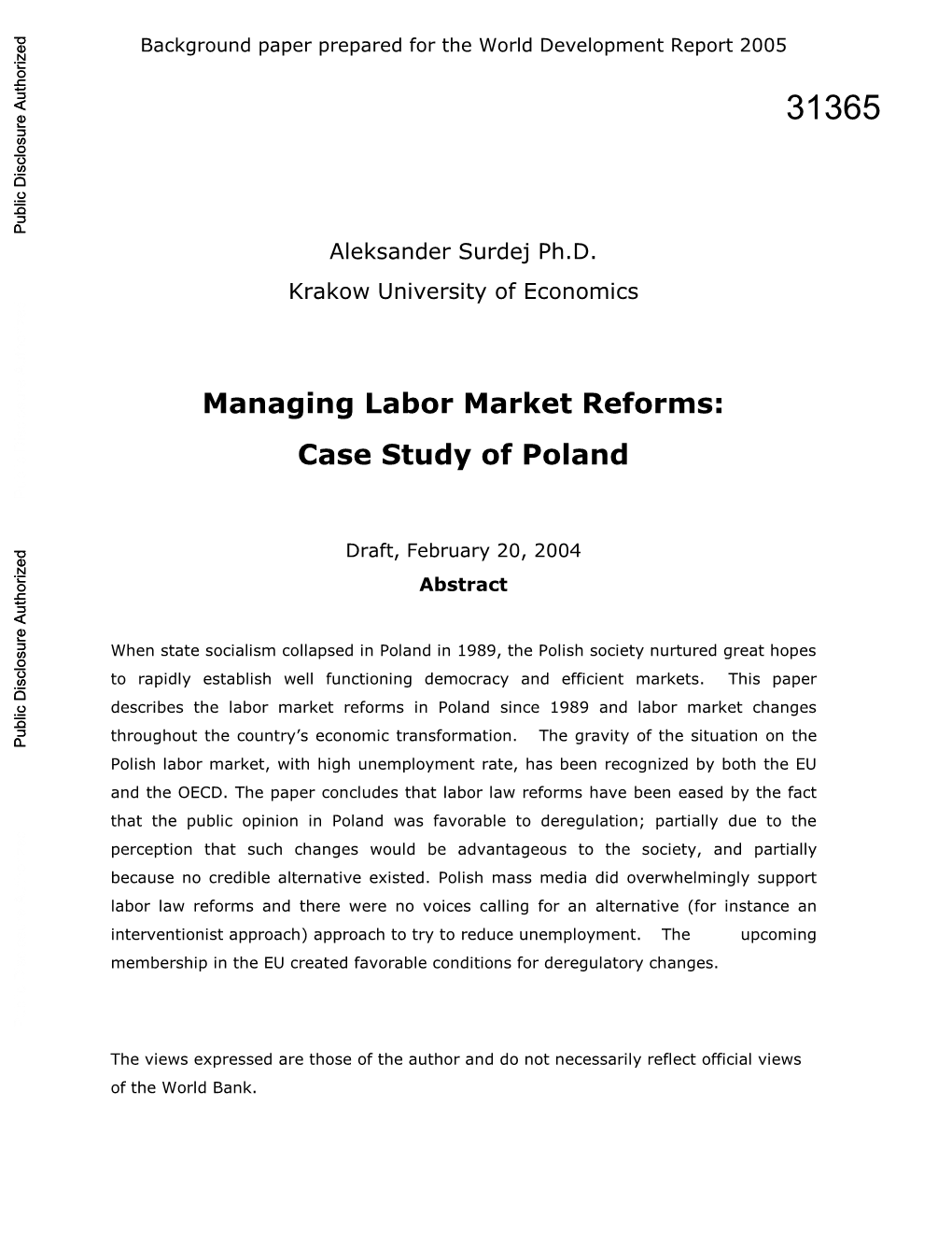 Managing Labor Market Reforms: Case Study of Poland Public Disclosure Authorized