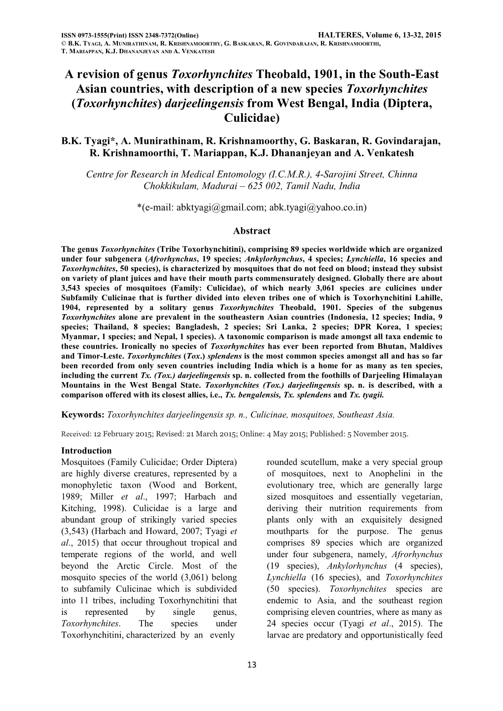 A Revision of Genus Toxorhynchites Theobald, 1901, in the South-East Asian Countries, with Description of a New Species Toxorhyn