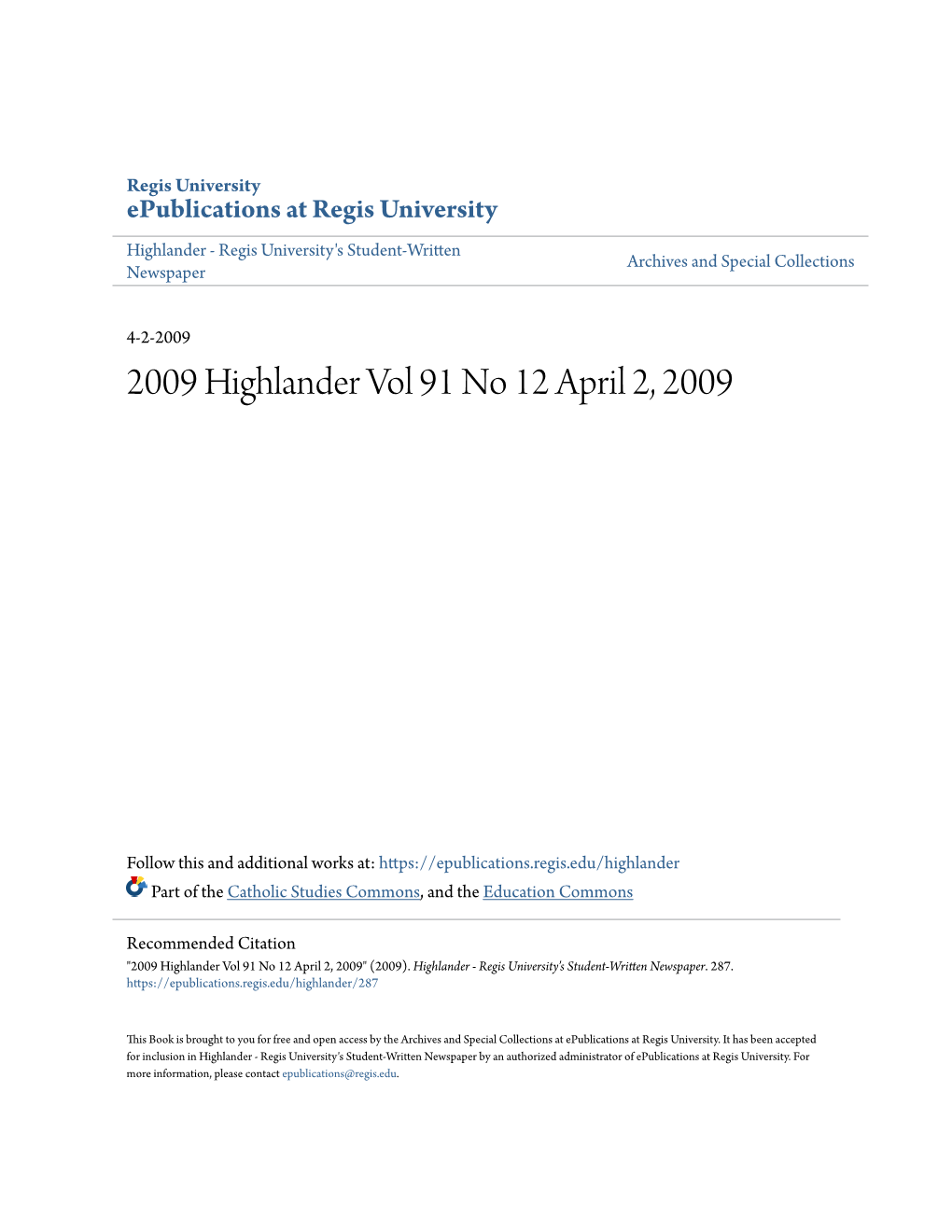 2009 Highlander Vol 91 No 12 April 2, 2009