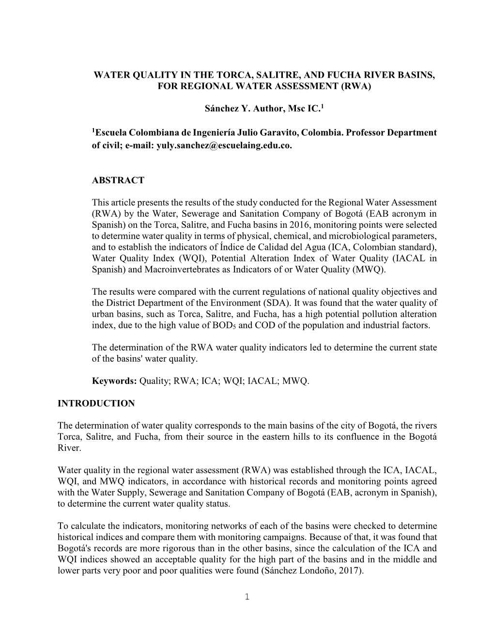 Water Quality in the Basins of Rivers Torca, Salitre, and Fucha for Regional Water Assessment (RWA)