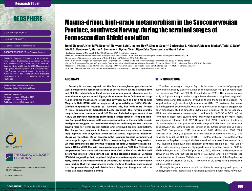 Magma-Driven, High-Grade Metamorphism in the Sveconorwegian