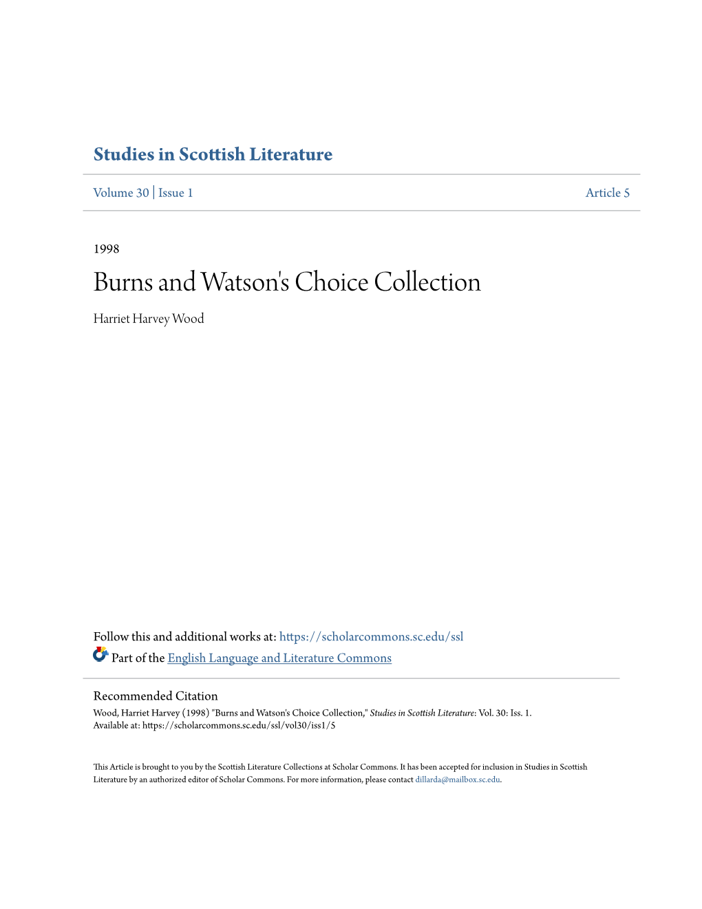 Burns and Watson's Choice Collection Harriet Harvey Wood