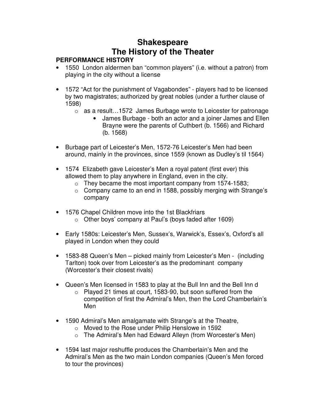 Shakespeare the History of the Theater PERFORMANCE HISTORY • 1550 London Aldermen Ban “Common Players” (I.E