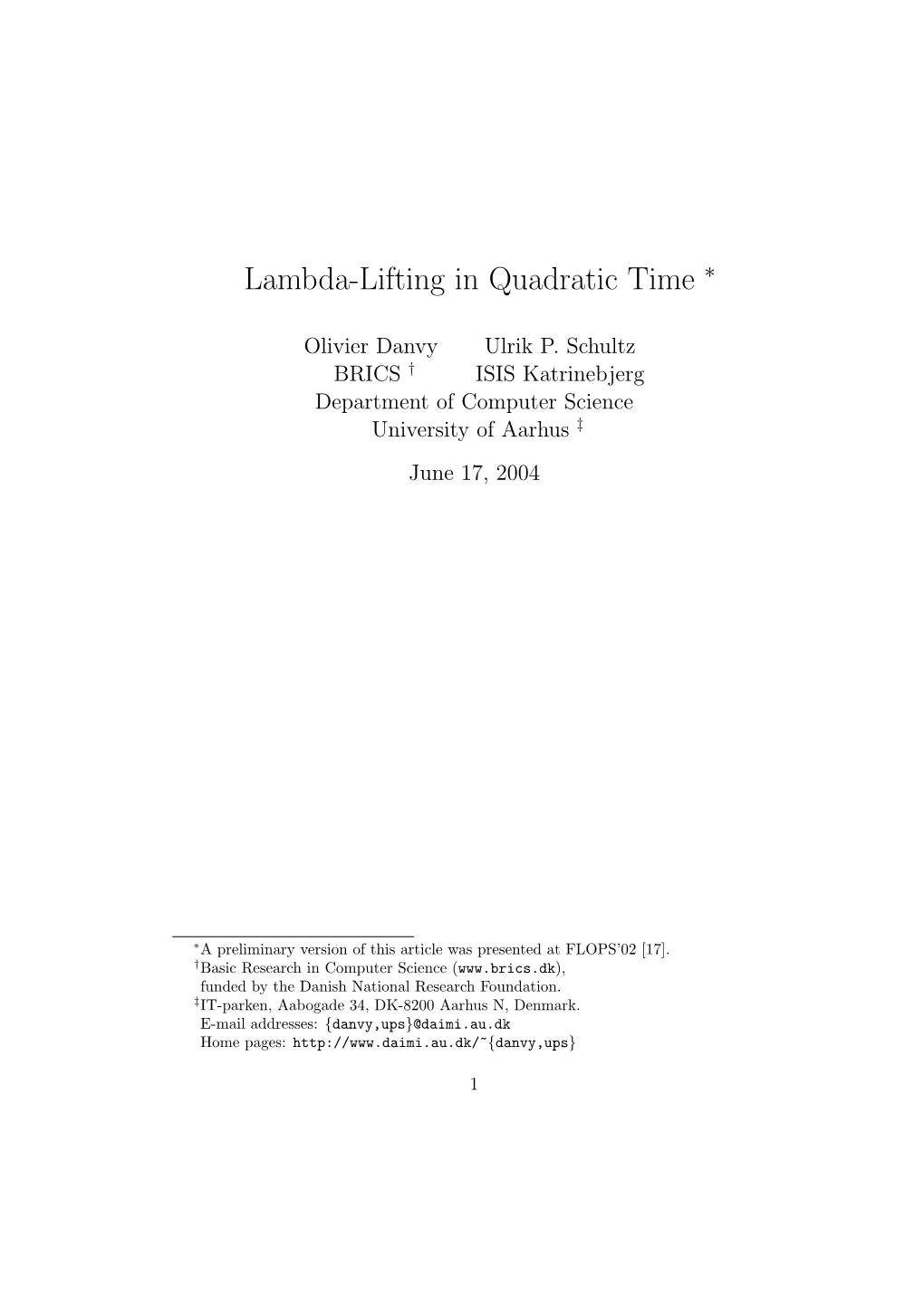 Lambda-Lifting in Quadratic Time ∗