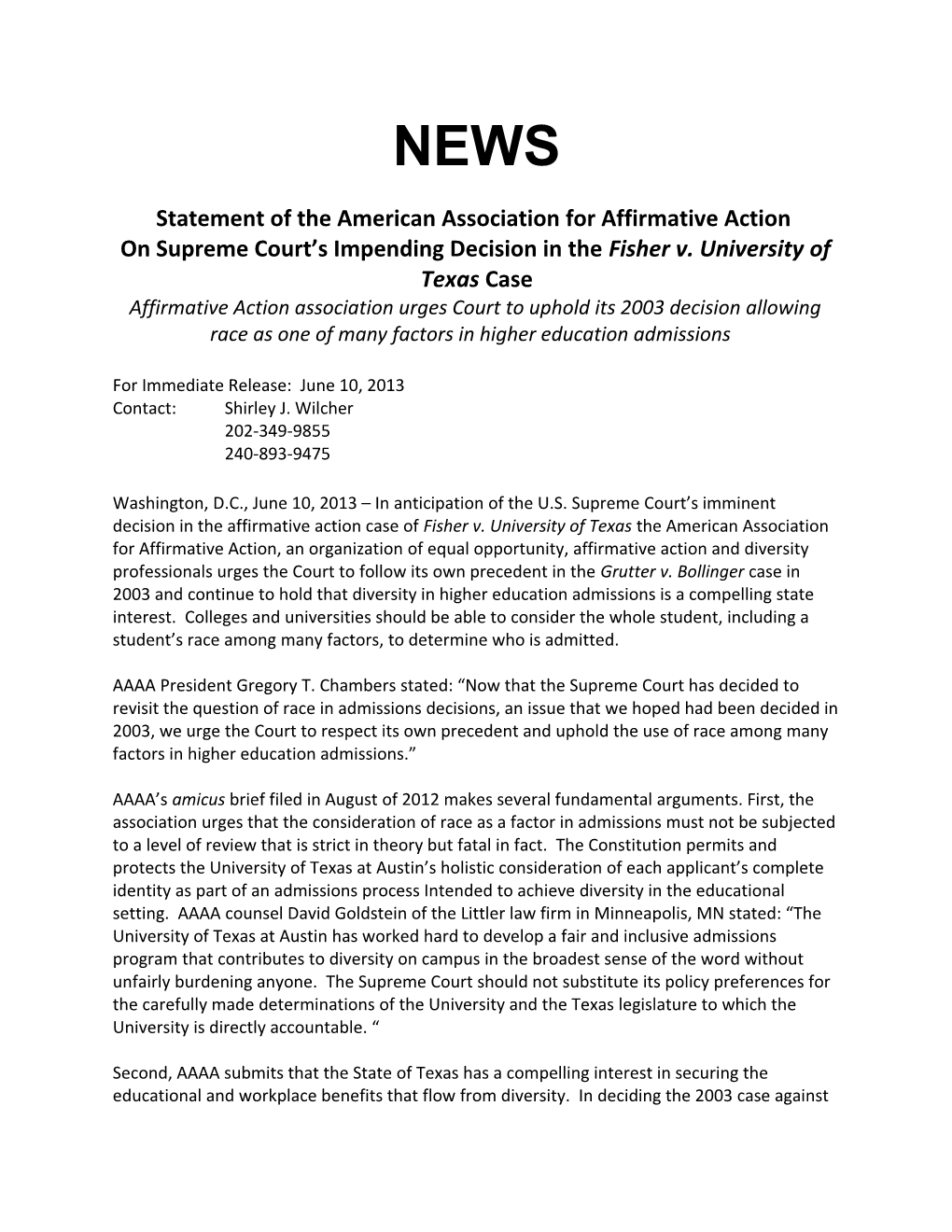 Statement of the American Association for Affirmative Action