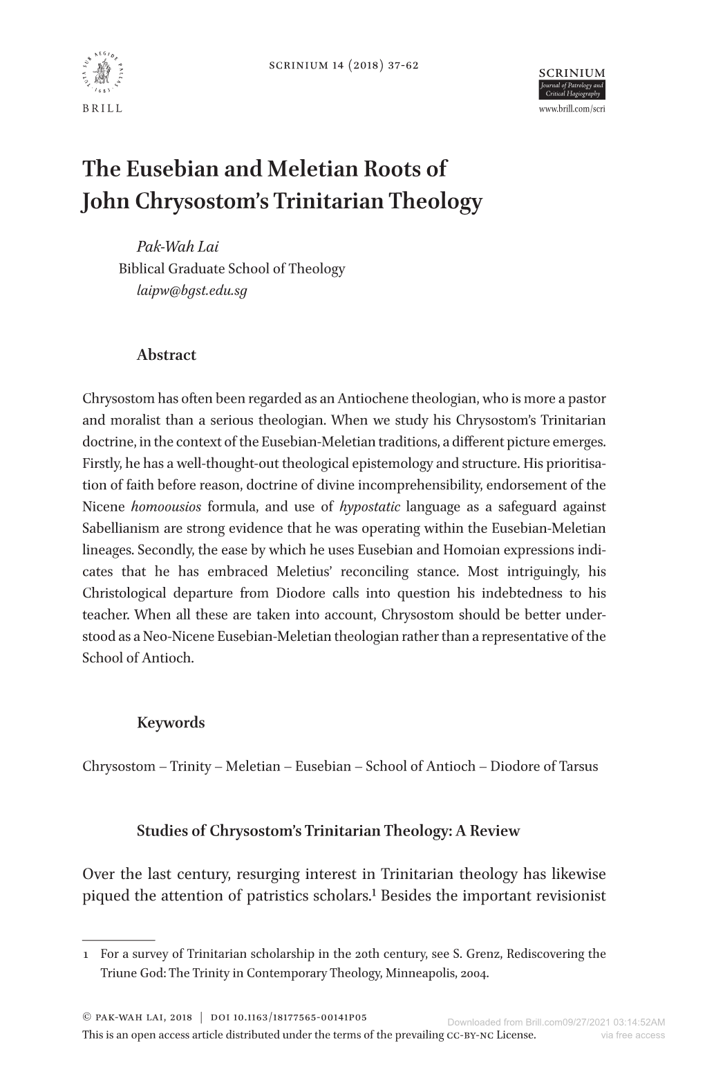 The Eusebian and Meletian Roots of John Chrysostom's Trinitarian Theology