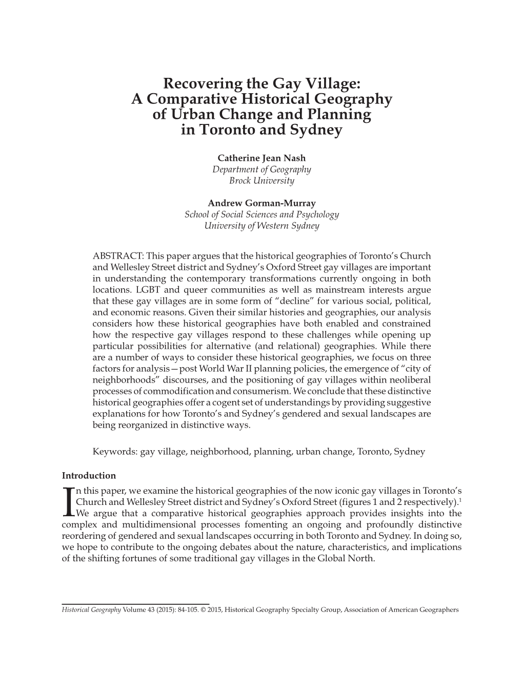 Recovering the Gay Village: a Comparative Historical Geography of Urban Change and Planning in Toronto and Sydney