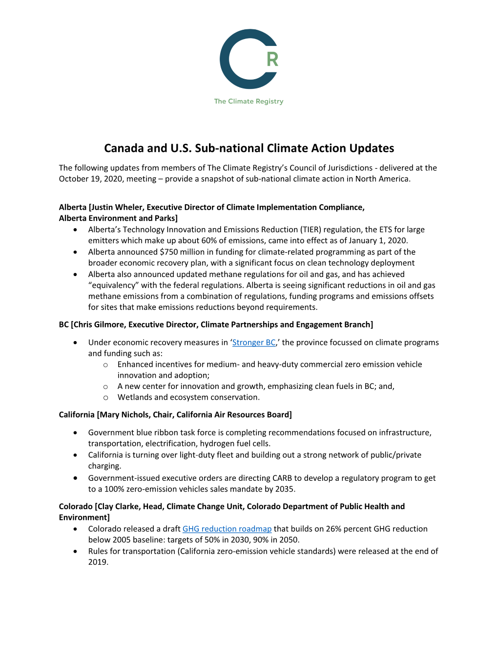 Canada and U.S. Sub-National Climate Action Updates