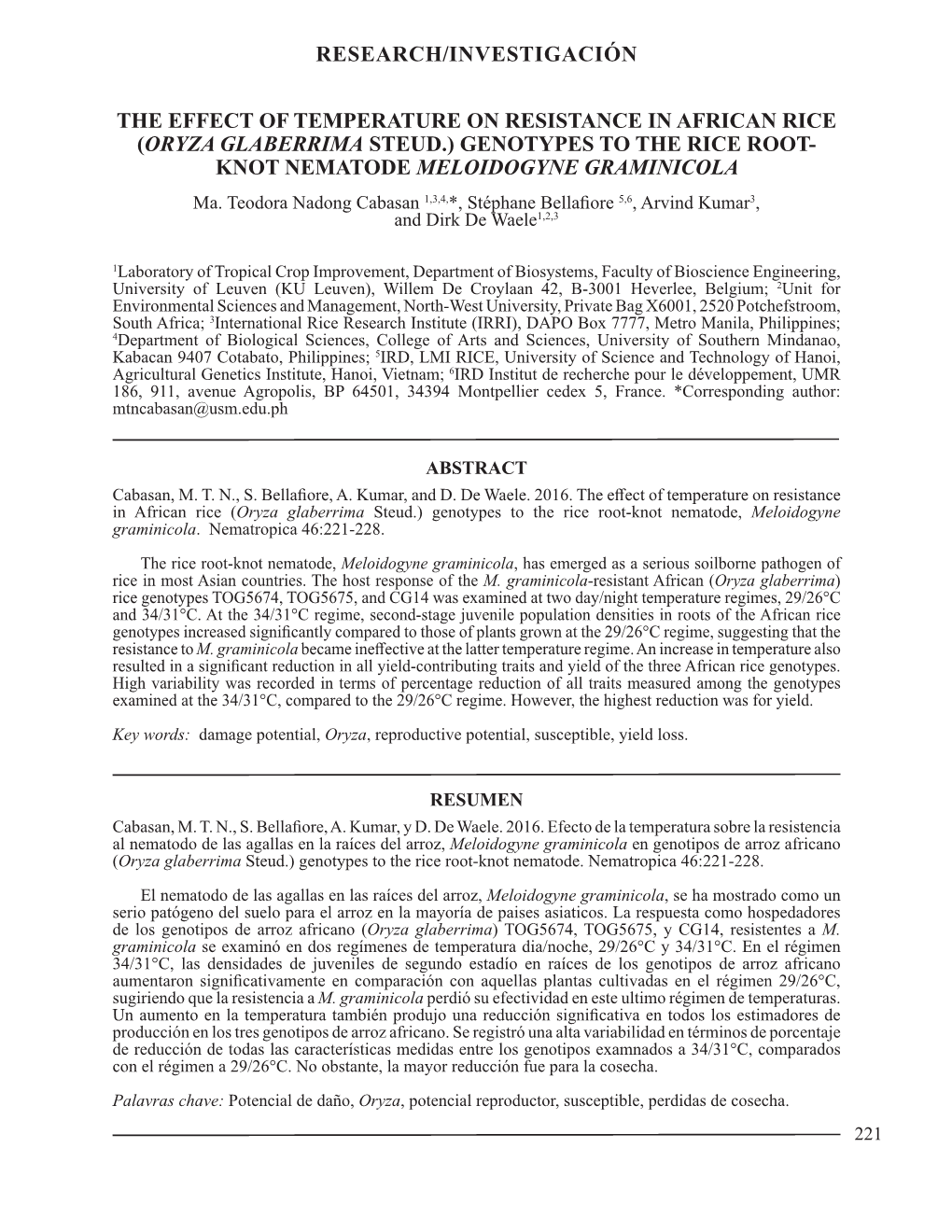 ORYZA GLABERRIMA STEUD.) GENOTYPES to the RICE ROOT- KNOT NEMATODE MELOIDOGYNE GRAMINICOLA Ma