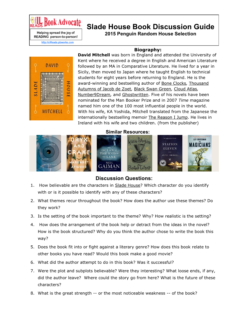 Slade House Book Discussion Guide 2015 Penguin Random House Selection