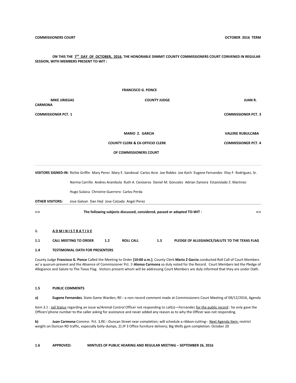 Commissioners Court October 2016 Term