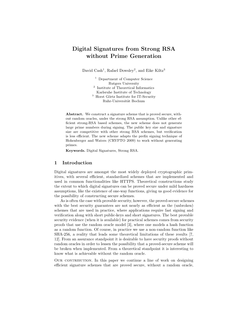 Digital Signatures from Strong RSA Without Prime Generation