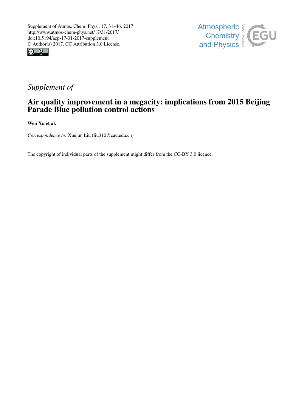 Supplement of Air Quality Improvement in a Megacity: Implications from 2015 Beijing Parade Blue Pollution Control Actions