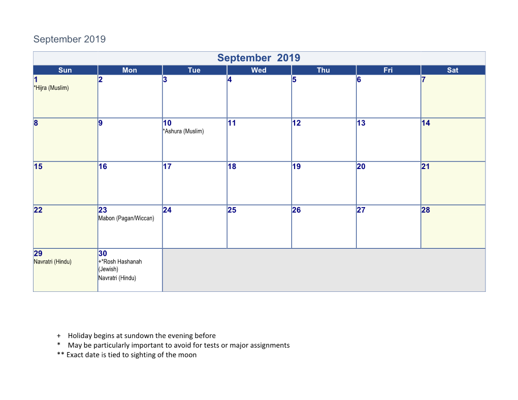 Religious Holidays Calendar 2019-20