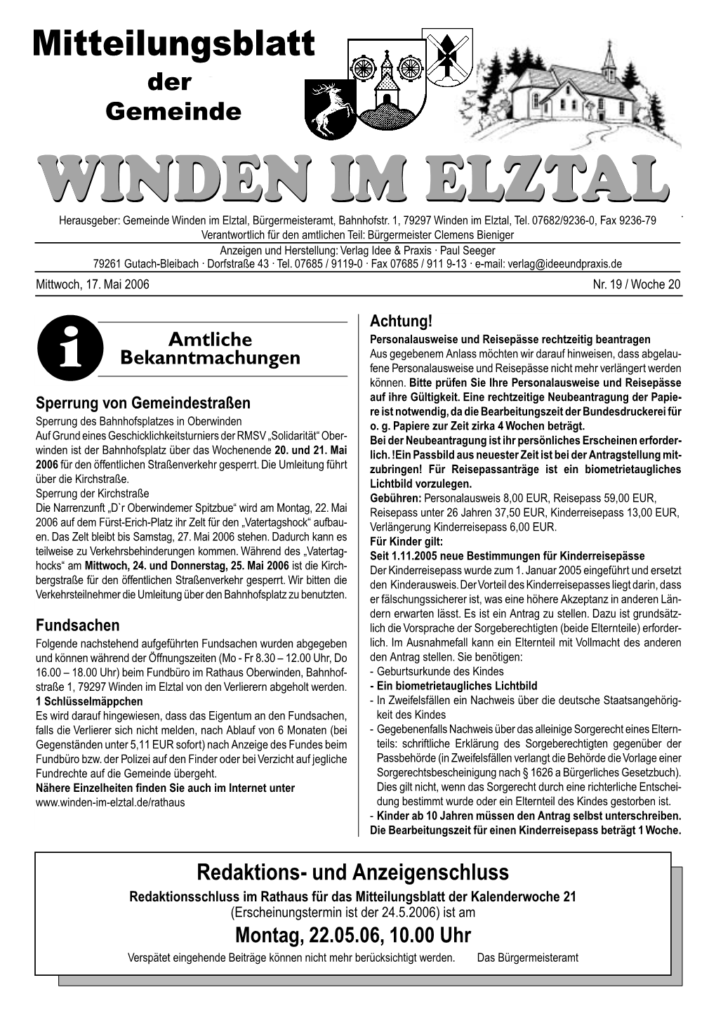 Mitteilungsblatt Der Gemeinde WINDEN IM ELZTAL Herausgeber: Gemeinde Winden Im Elztal, Bürgermeisteramt, Bahnhofstr