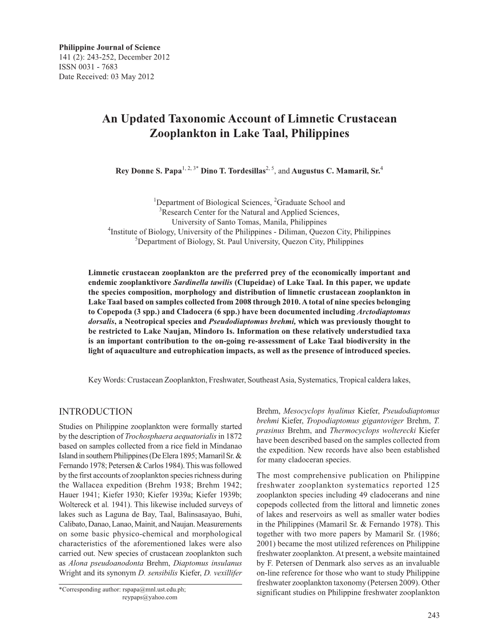An Updated Taxonomic Account of Limnetic Crustacean Zooplankton in Lake Taal, Philippines